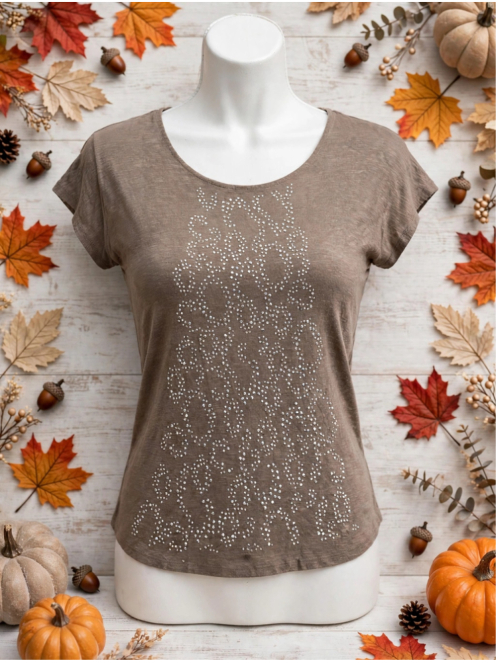 Women's Apt. 9 Short Sleeve Tee XL Brown Silver Embellished